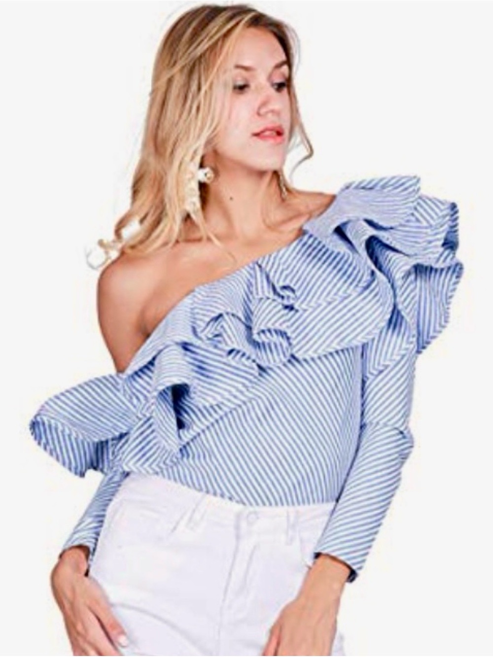 Chicwish Blue White Striped Ruffle Off-Shoulder Top